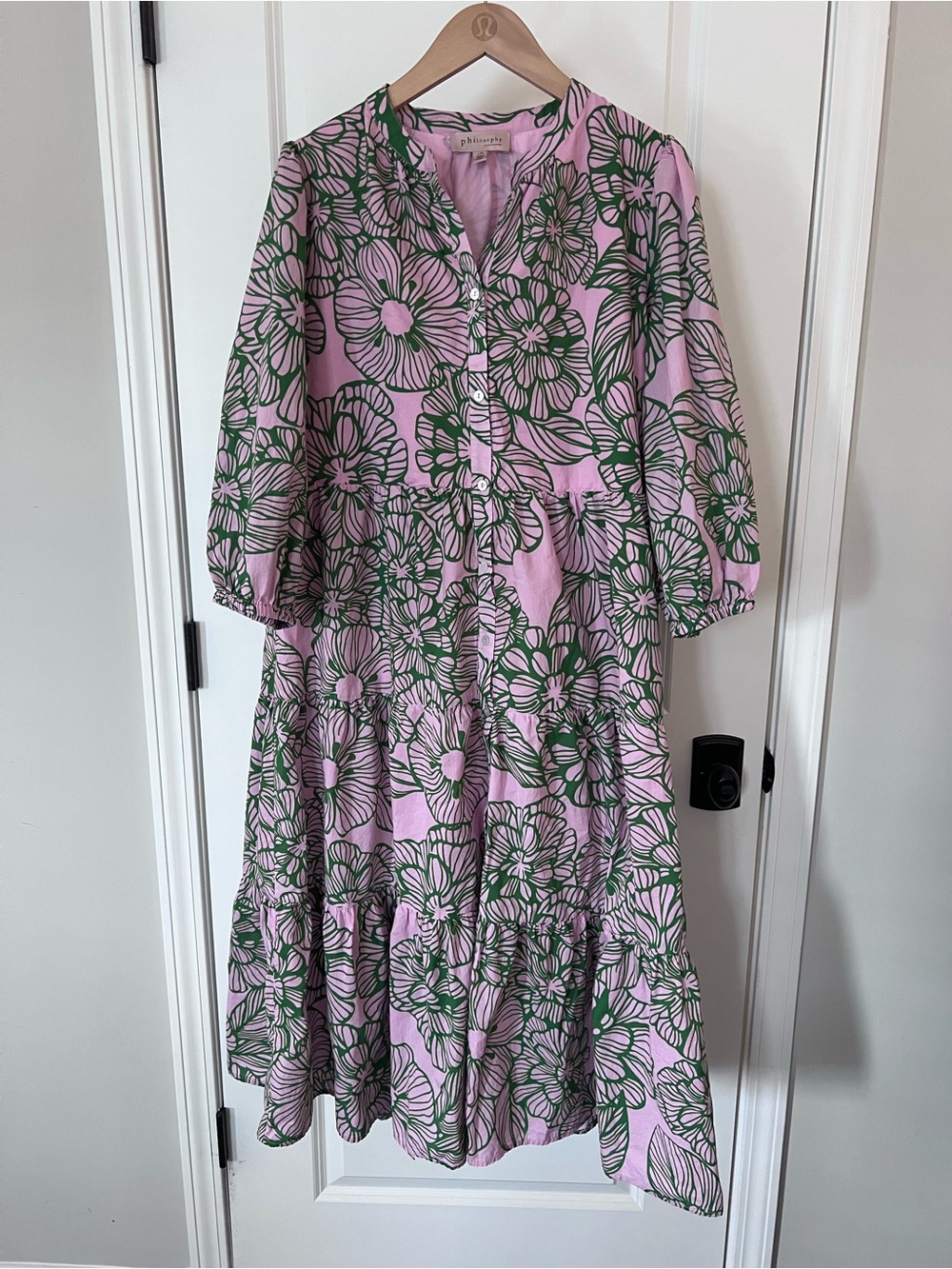 Philosophy Pink and Green Floral Tiered Maxi Dress Size Large 100% Cotton EUC